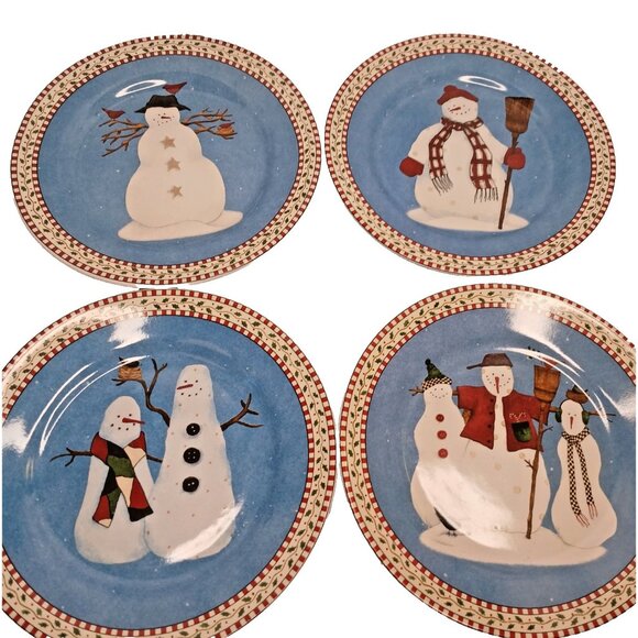 4 Salad Plates Sakura Debbie Mumm 4 Designs Snowman Vintage Stoneware 1997 Folk - Picture 1 of 13